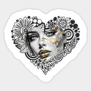 Golden Impasto Reflections: Abstract Portrait-- An artistic depiction of a striking girl's face in a close-up pencil sketch Sticker